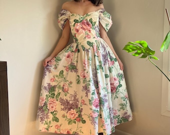 80s Floral Off the Shoulder Dress by Loralie