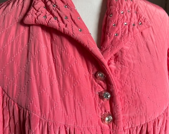 Pink Quilted Vintage Robe, Rhinestone Embellished 50s Dressing Gown