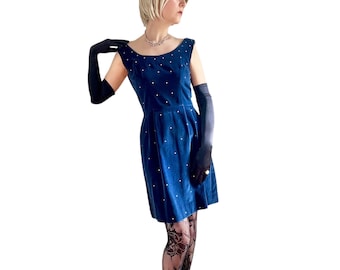 60s Navy Velvet & Rhinestone Dress by Jonathan Logan