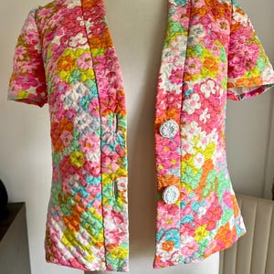 50s Floral Bed Jacket, Vintage Quilted Colorful Blouse