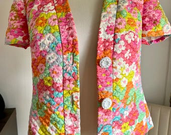50s Floral Bed Jacket, Vintage Quilted Colorful Blouse