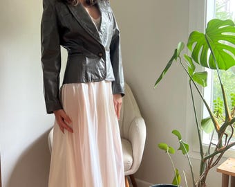 Gray Fitted Leather Blazer, Vintage Slim Fit Cropped Jacket XS