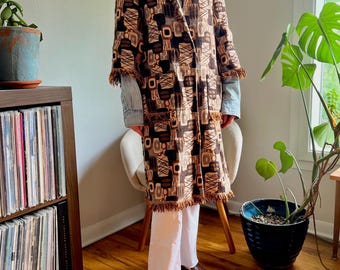 60s Cotton Duster, Mid Century Print Jacket w/ Fringe