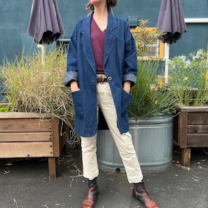 Denim Jacket Chore Coat, Oversized Vintage Jean Blazer 80s 90s L
