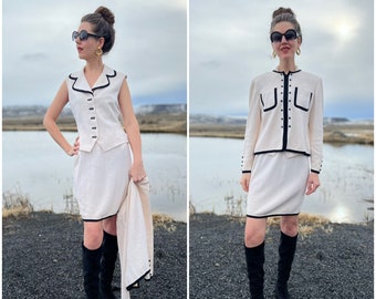 St. John Skirt Suit, White Knit 3-Piece Matching Set