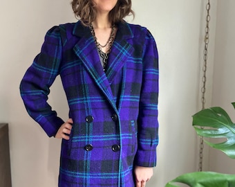 Purple Plaid Vintage 80s 90s Wool Coat