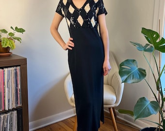 Vintage Sequin Black Wool Blend Short Sleeve Column Dress