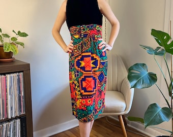 60s Vintage Velvet & Colorful Print Midi Dress