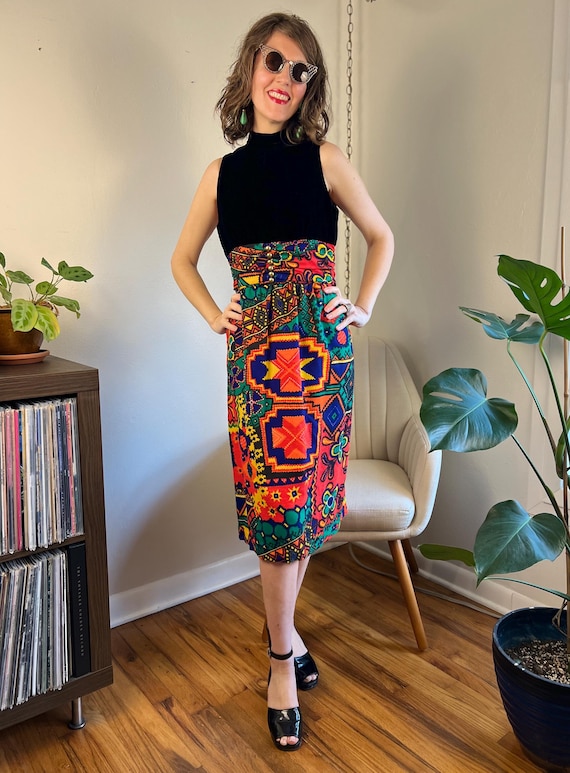 60s midi dress 60s Vintage Velvet & Colorful Print Midi Dress