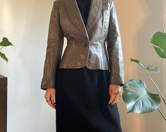 Gray Cropped Leather Jacket, Vintage Slim Fit Blazer