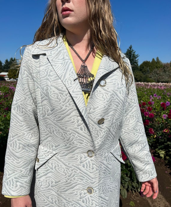 Pearl Gray Textured 70s Midi Length Coat - image 2