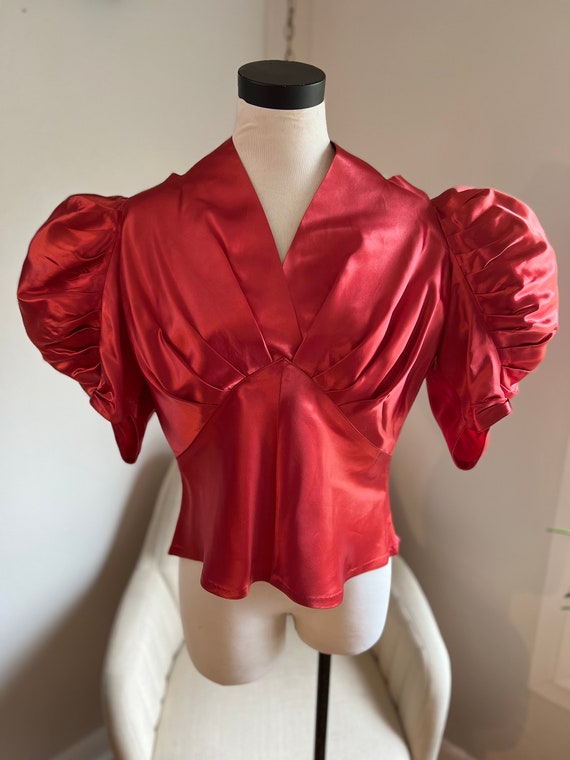 1930s Red Satin Blouse w/ Large Puff Sleeves