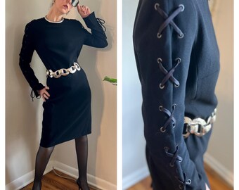 Black Long Sleeve Feraud 90s Dress w/ Lace-Up Sleeves