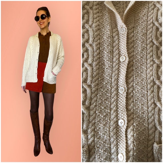 Cream Cable Knit Cardigan, Vintage Wool Sweater - image 2