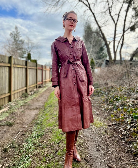 70s Vintage Leather Trench Coat w/ Hood - image 4