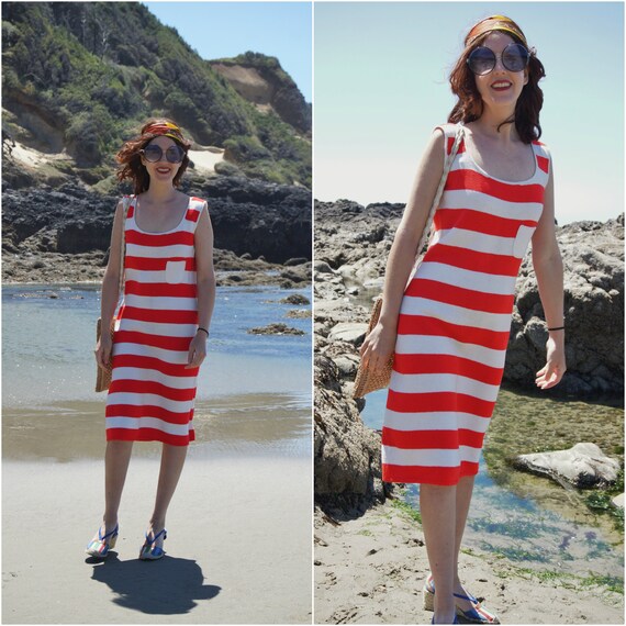 Red & White Stripe Dress, Vintage 60s Knit Midi Be