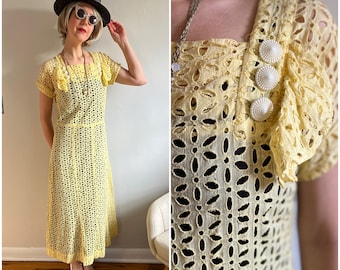 1930s Eyelet Cotton Dress, Pastel Yellow Vintage Lace Day Dress