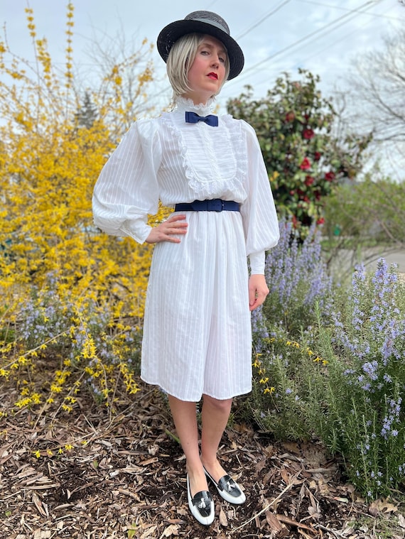 Vintage 80s Puff Sleeve White Tuxedo Shirt  Dress