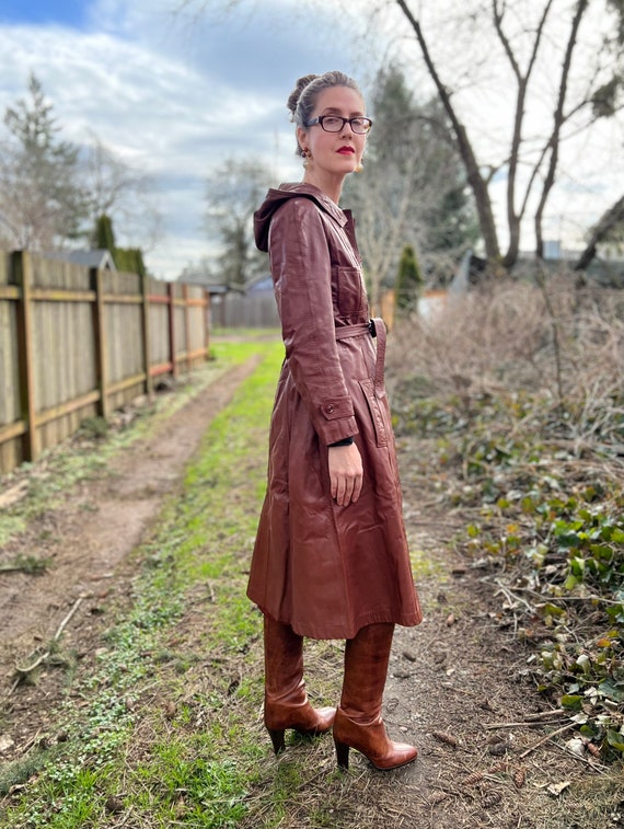 70s Vintage Leather Trench Coat w/ Hood - image 3