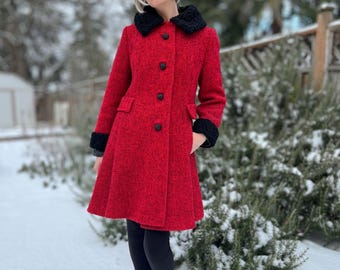 60s Vintage Red Wool Coat w/ Black Fur Collar & Cuffs
