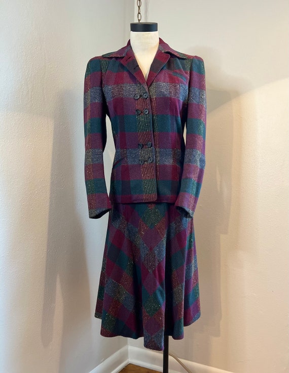 30s Wool Plaid Suit, Vintage Tweed Skirt Set