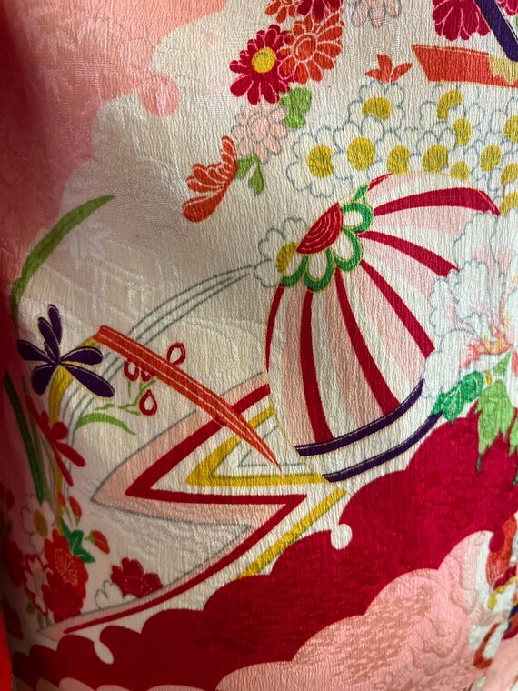 Antique Silk Kimono w/ Red & Pink Print - image 4