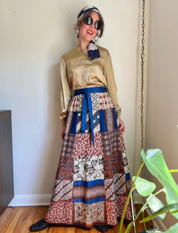 70s Patchwork Tapestry Maxi Skirt, Vintage Wrap Skirt