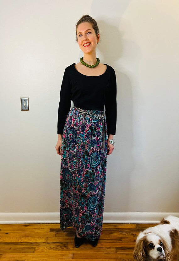 VTG 70S HYDRANGEA FLORAL BLACK PINK BLUE MAXI DRESS 8 10