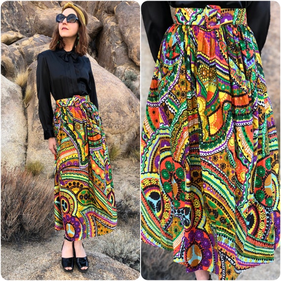 Vintage 60/'s 70/'s Hippie Skirt Colorful Print Rope Ties Size Small