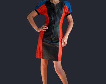 80s Leather Colorblock Mini Dress S