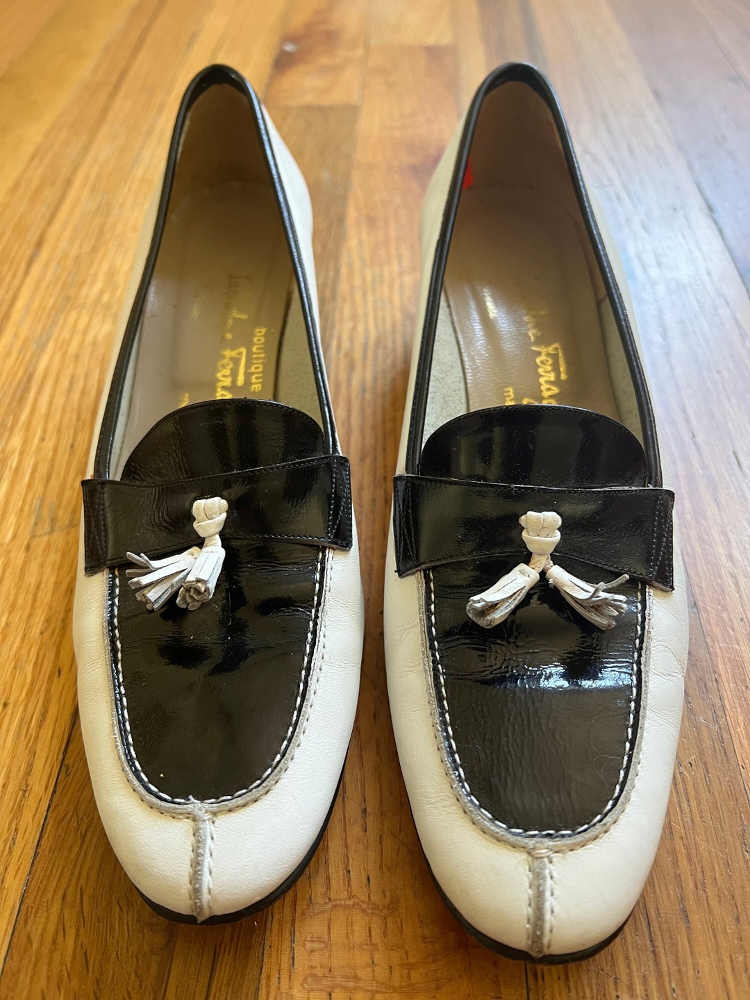 Ferragamo Tassel Loafers Vintage Flats in White & Black - Etsy