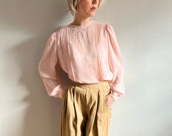 Pale Pink Sheer Blouse, Embroidered Vintage Top