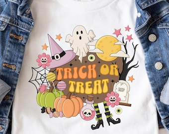 Collage de Halloween de truco o trato para niñas PNG, PNG de Halloween retro, PNG de Halloween para niños, PNG de otoño de tendencia, PNG un poco espeluznante y un poco lindo
