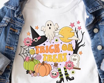 Collage de Halloween de truco o trato para niñas PNG, PNG de Halloween retro, PNG de Halloween para niños, PNG de otoño de tendencia, PNG un poco espeluznante y un poco lindo
