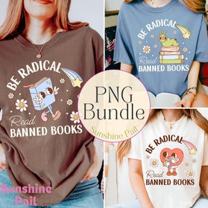以下が含まれることがあります： 茶色、青、クリーム色のTシャツのコレクションで、それぞれに「BE RADICAL Read BANNED BOOKS」の文字が入っています。各シャツには、本のキャラクター、本の上にいるイモムシ、ハートのキャラクターなど、ユニークなグラフィックデザインが施されています。