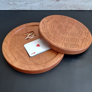 Round Cribbage Board with card storage, Cherry, Walnut or Maple Board