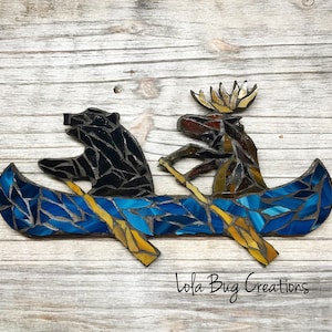 Bear and Moose in a Canoe glass mosaic