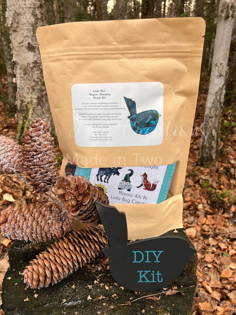May include: A brown paper bag with a label that reads "Little Bird Magnet/Hanging Mosaic Kit". The label also features a blue mosaic bird design. The bag is sitting on a wooden surface with a black wooden bird cutout that says "DIY Kit" in teal blue letters.