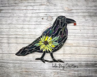 Standing Raven with Sunflower glass Mosaic