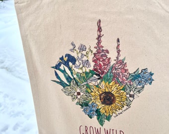 Beautiful cotton canvas tote printed bag with Alaskan wildflowers “grow wild”