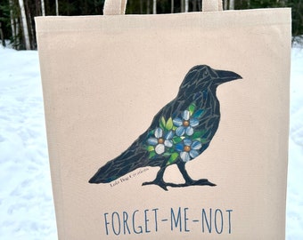 Beautiful cotton canvas tote printed bag with Raven/ crow with Forget-me-nots