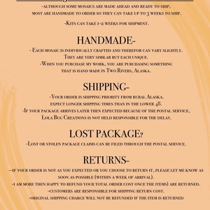 May include: A text-based image with a peach background and black text. The text reads "Before You Order!" and includes information about shipping times, handmade items, lost packages, and returns. The text also includes the name "Lola Bug Creations" and the name of the owner/artist, "Erica Mathews".