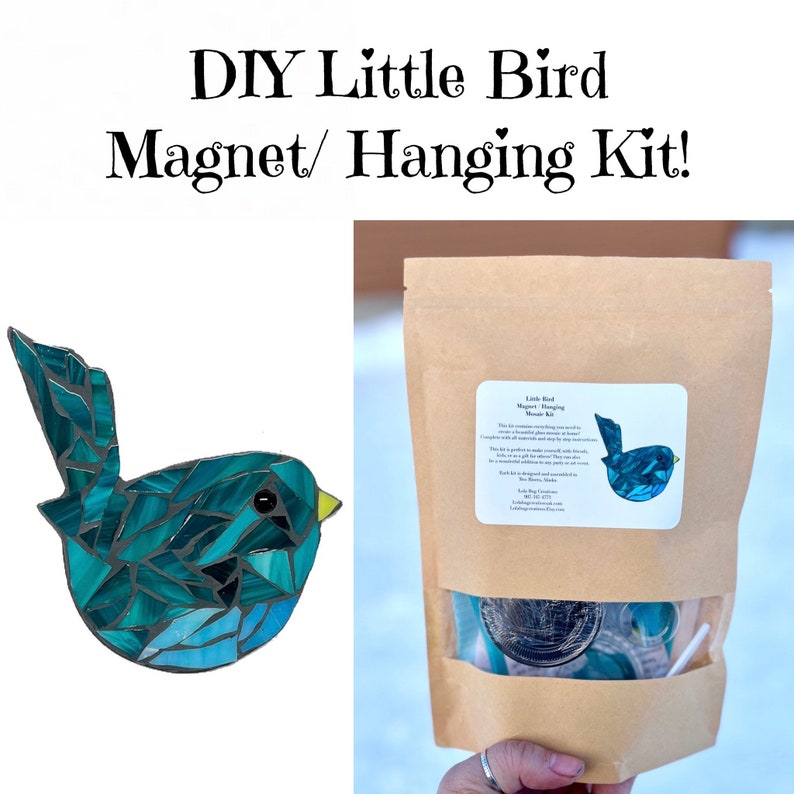 May include: A DIY mosaic kit to create a little bird magnet or hanging ornament. The kit includes all the materials needed, including glass tiles, adhesive, and a magnet or hanging loop. The finished bird is blue and green.