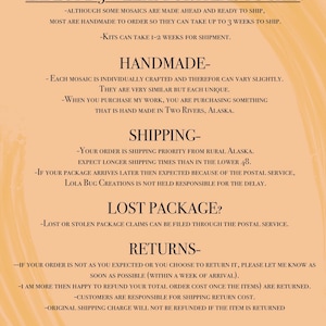 May include: A text-based image with a peach background and black text. The text reads "Before You Order!" and includes information about shipping times, handmade items, lost packages, and returns. The text also includes the name "Lola Bug Creations" and the name of the owner/artist, "Erica Mathews".