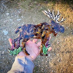 Moose with Fireweed glass Mosaic