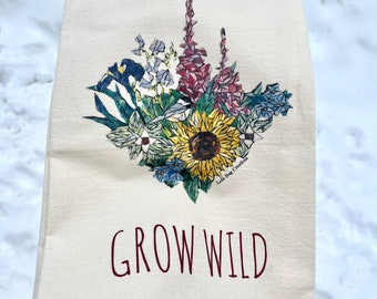 Beautiful printed kitchen tea towel with Alaskan flowers “grow wild”