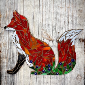 Sitting Fox with blueberries glass mosaic