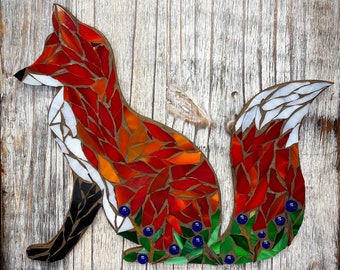 Sitting Fox with blueberries glass mosaic