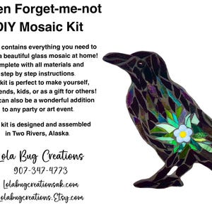 May include: DIY mosaic kit featuring a raven with forget-me-not flowers. The raven is made of glass mosaic tiles in shades of black, purple, green, and blue. The kit includes all materials and step-by-step instructions. Lola Bug Creations 907-347-4773 Lolabugcreationsak.com Lolabugcreations.Etsy.com
