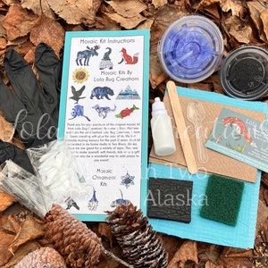 May include: A mosaic kit with instructions, a small bottle of glue, a wooden stick, a sponge, a black foam pad, and a business card for Lola Bug Creations. The kit includes a variety of colorful mosaic tiles and a design for a mosaic ornament.